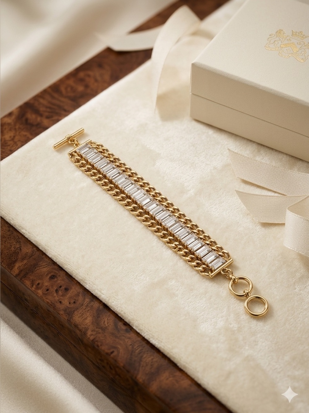 NWT ViVI Gold-Tone Bracelet with Clear Baguette Crystals.